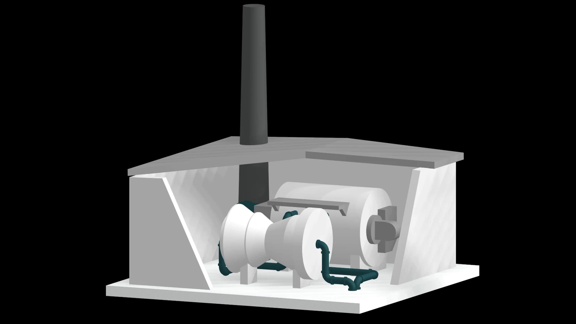 Kraft-Wärme-Kopplungsanlage mit Turbine und Schornstein in einer offenen Halle